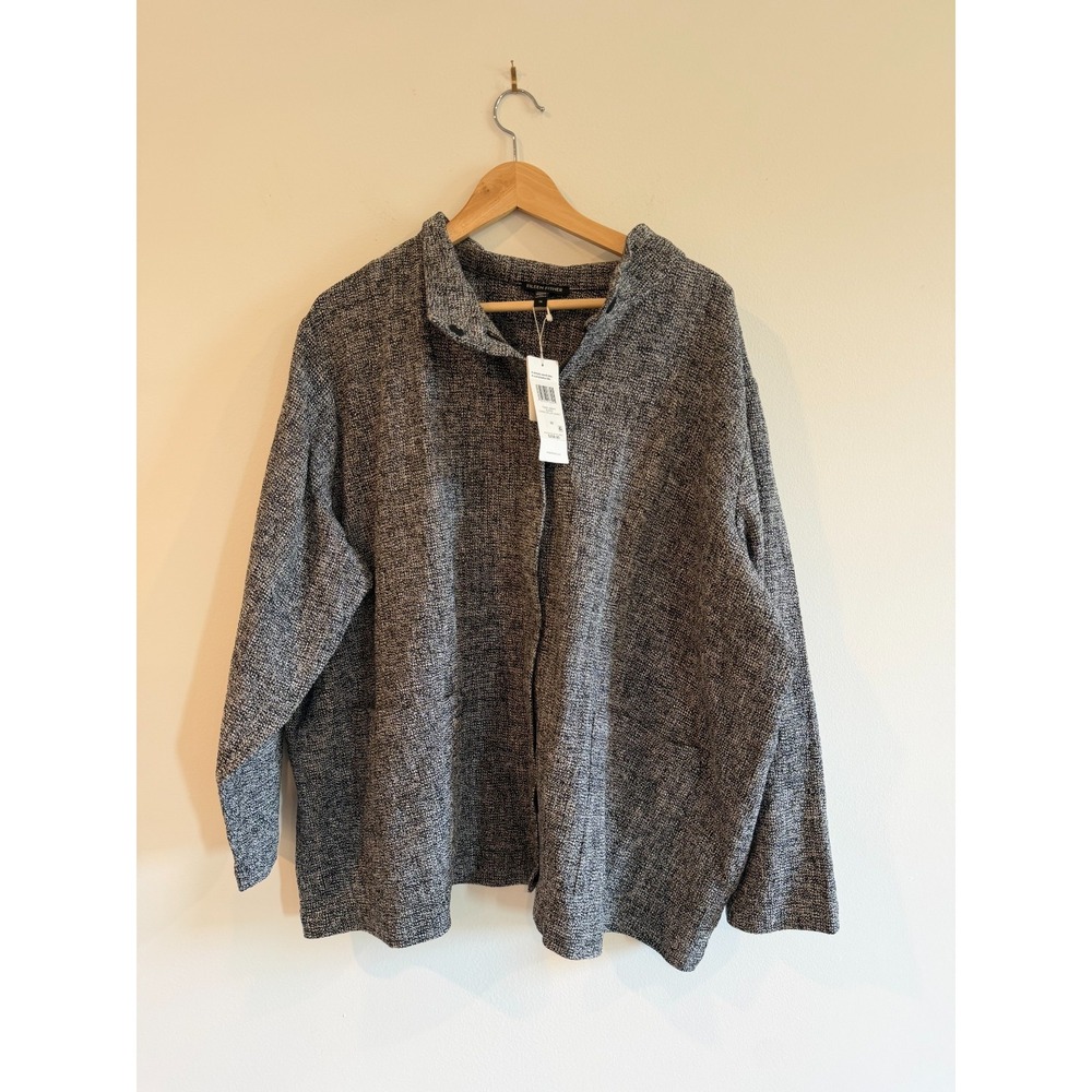 NWT Eileen Fisher Stand Up Collar Tweed Jacket Womens 3X Gray Organic Cotton